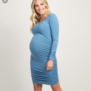 Blue ruched sleeve maternity dress